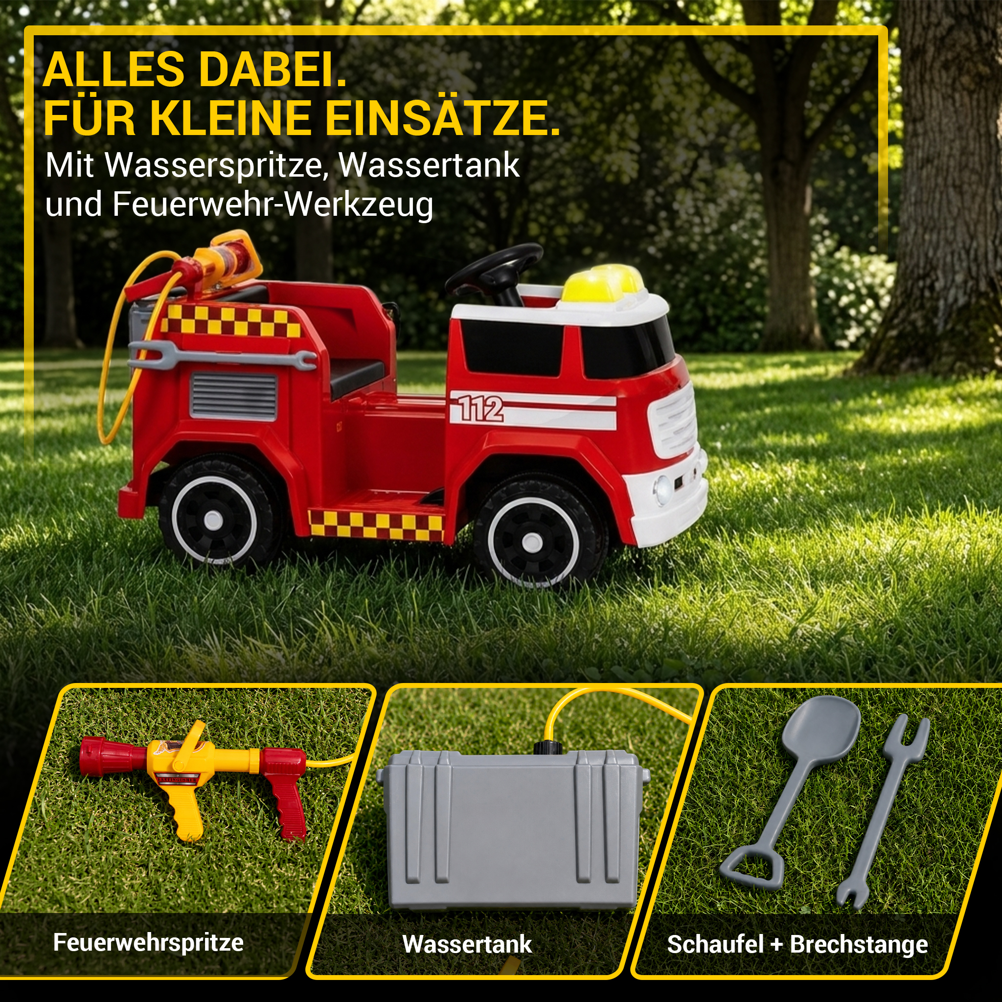 Kinder-Elektro-Feuerwehrauto LF112, Wasserspritze, Sirene, Sprechanlage, Einsatzlicht, 50W, MP3 – Bild 17