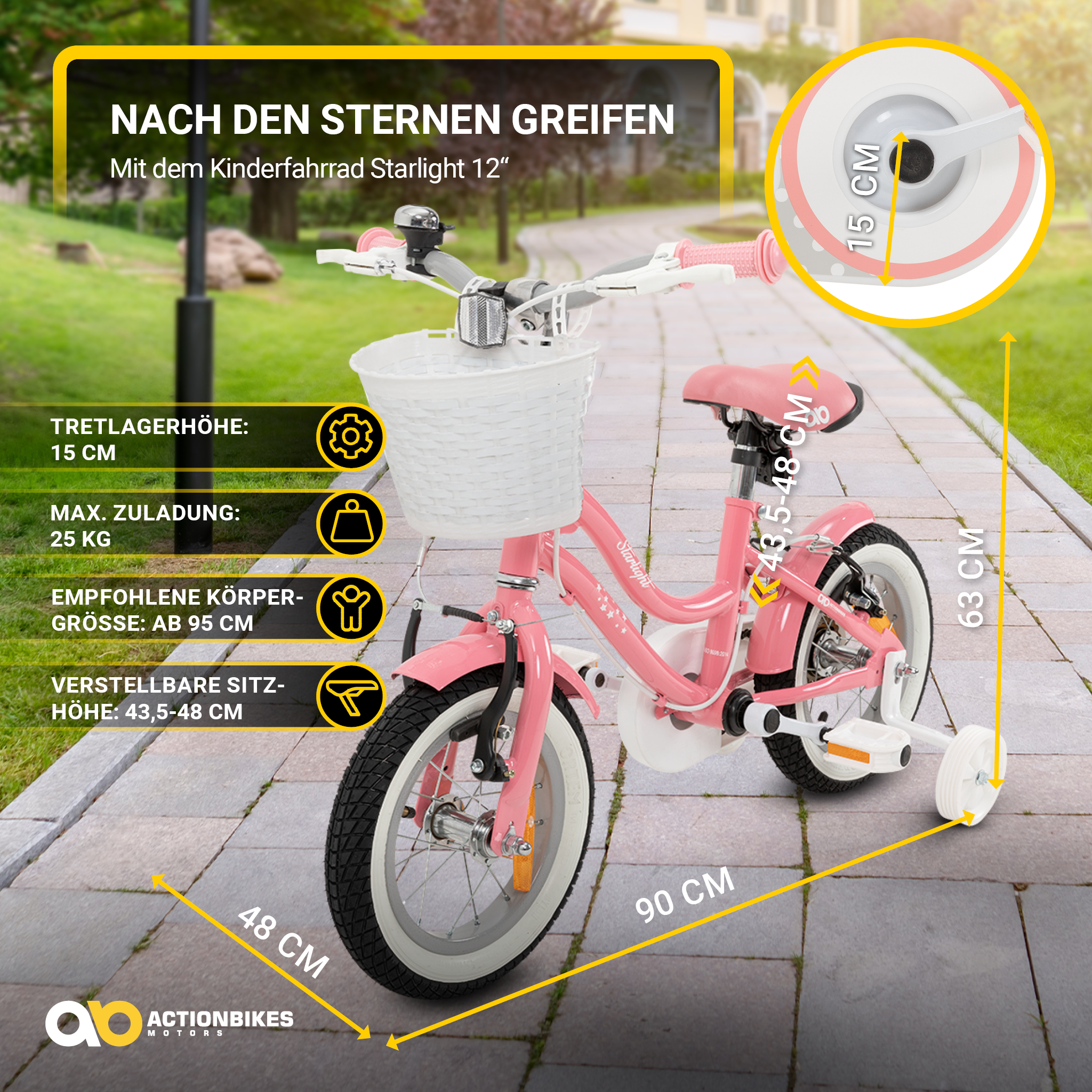 Kinderfahrrad Starlight 12 Zoll, Rosa, Stützräder, Fahrradkorb, Klingel, Kettenschutz – Bild 2