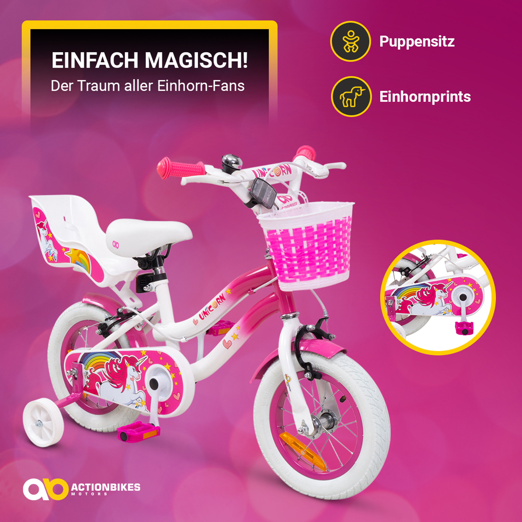 Kinderfahrrad Unicorn 12 Zoll, Pink, Einhorn-Design, Puppensitz, Stützräder, Fahrradkorb – Bild 2