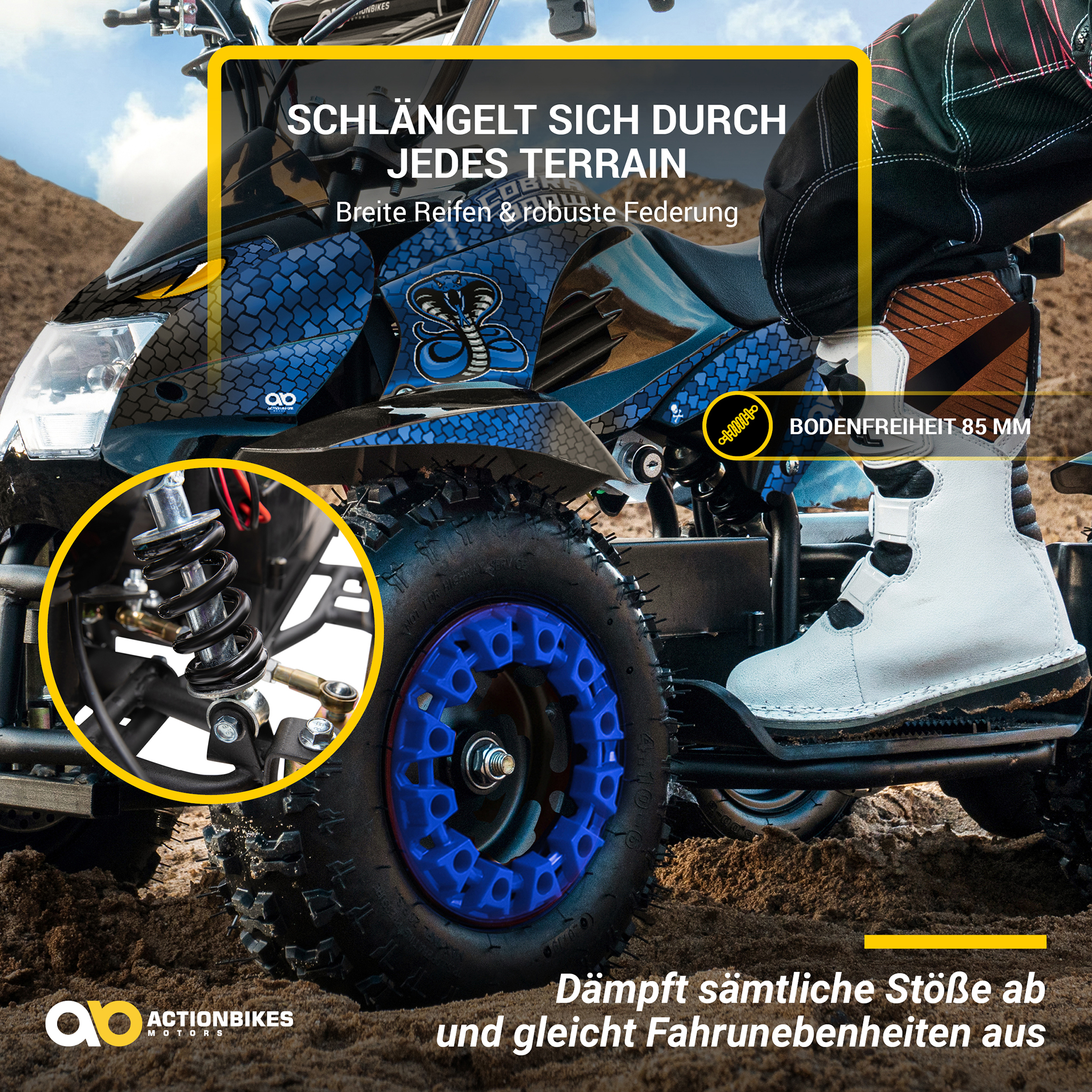 Elektro-Kinderquad Cobra, 800 Watt, bis 24 km/h, ab 8 Jahren, Federung, 3x 12V-Akku, Scheibenbremsen – Bild 6