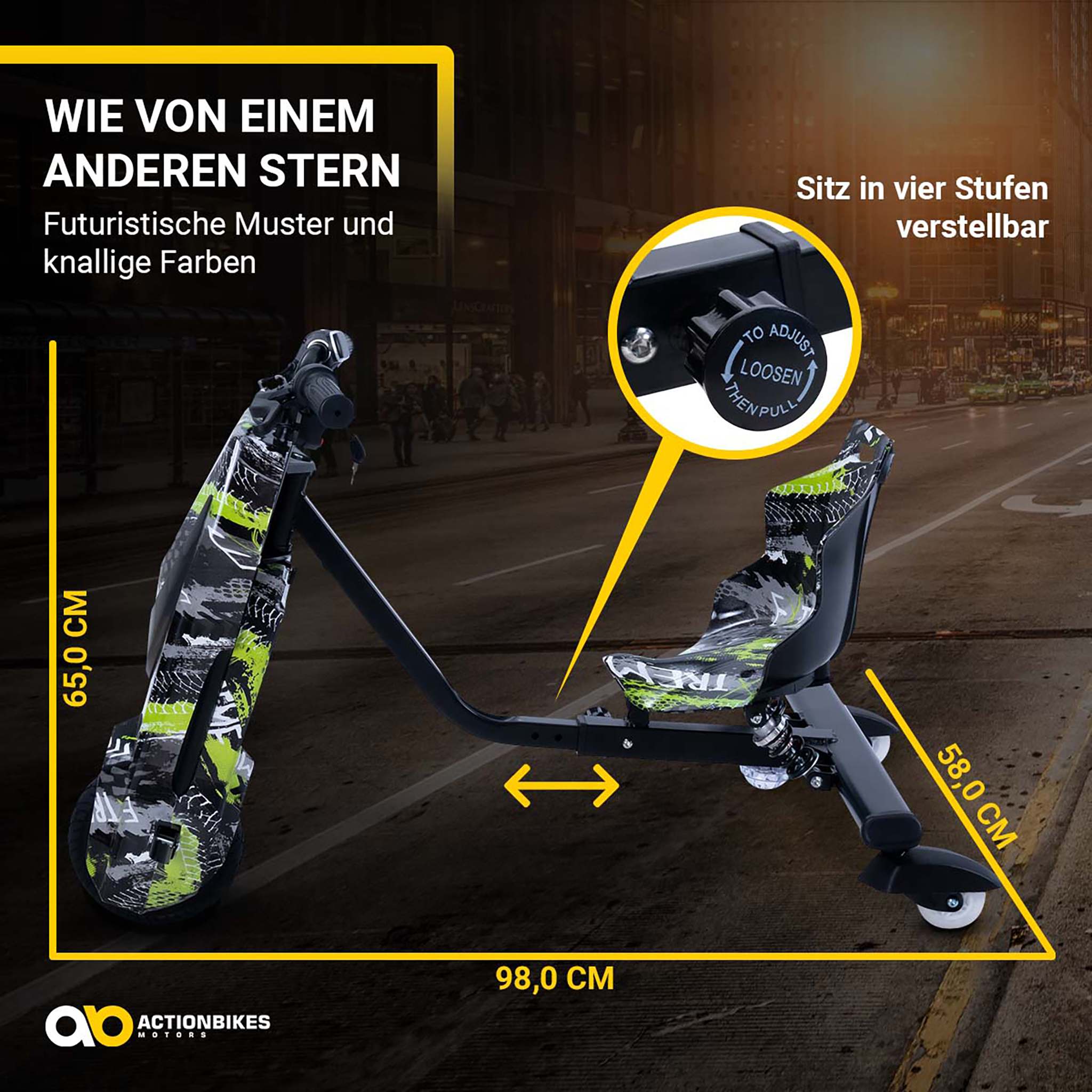 Elektro-Drift-Trike für Kinder, Drift-Scooter 2.0, bis zu 15km/h, drosselbar, Hupe, LED-Driftrollen – Bild 8