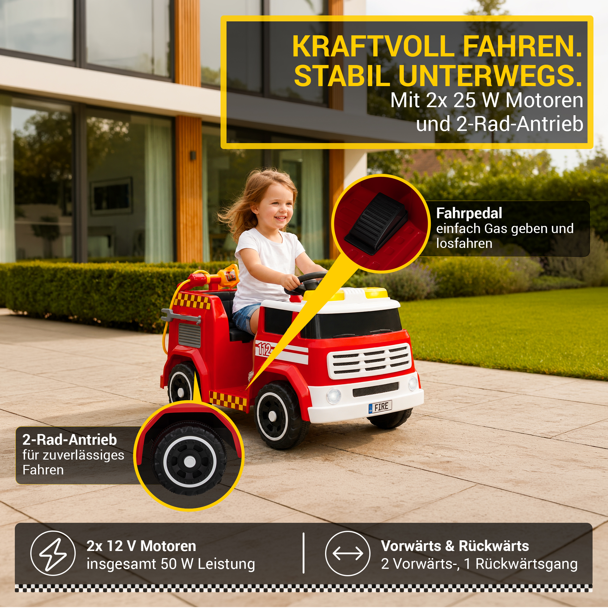 Kinder-Elektro-Feuerwehrauto LF112, Wasserspritze, Sirene, Sprechanlage, Einsatzlicht, 50W, MP3 – Bild 18