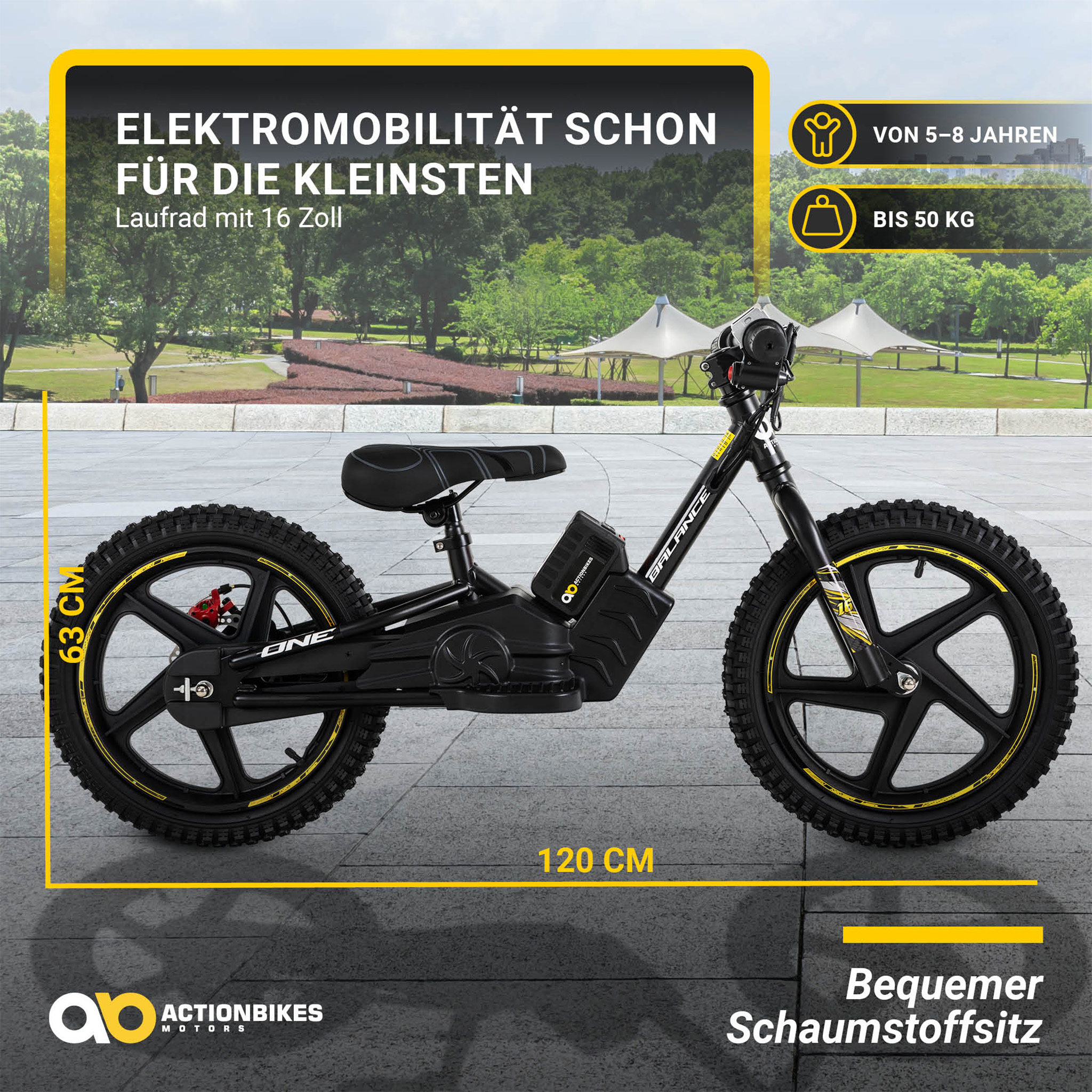 Elektro-Laufrad, 16 Zoll, Kinder-Balance-Bike m. 250 Watt, Scheibenbremsen, 3 Geschwindigkeitsstufen – Bild 2