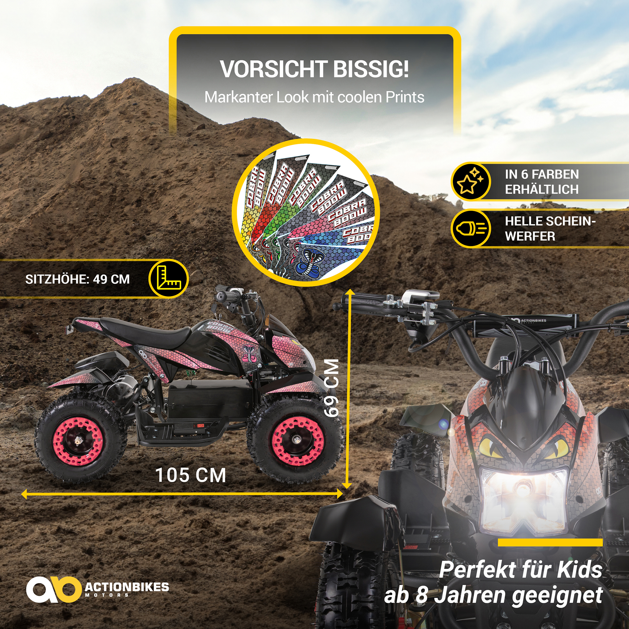 Elektro-Kinderquad Cobra, 800 Watt, bis 24 km/h, ab 8 Jahren, Federung, 3x 12V-Akku, Scheibenbremsen – Bild 8