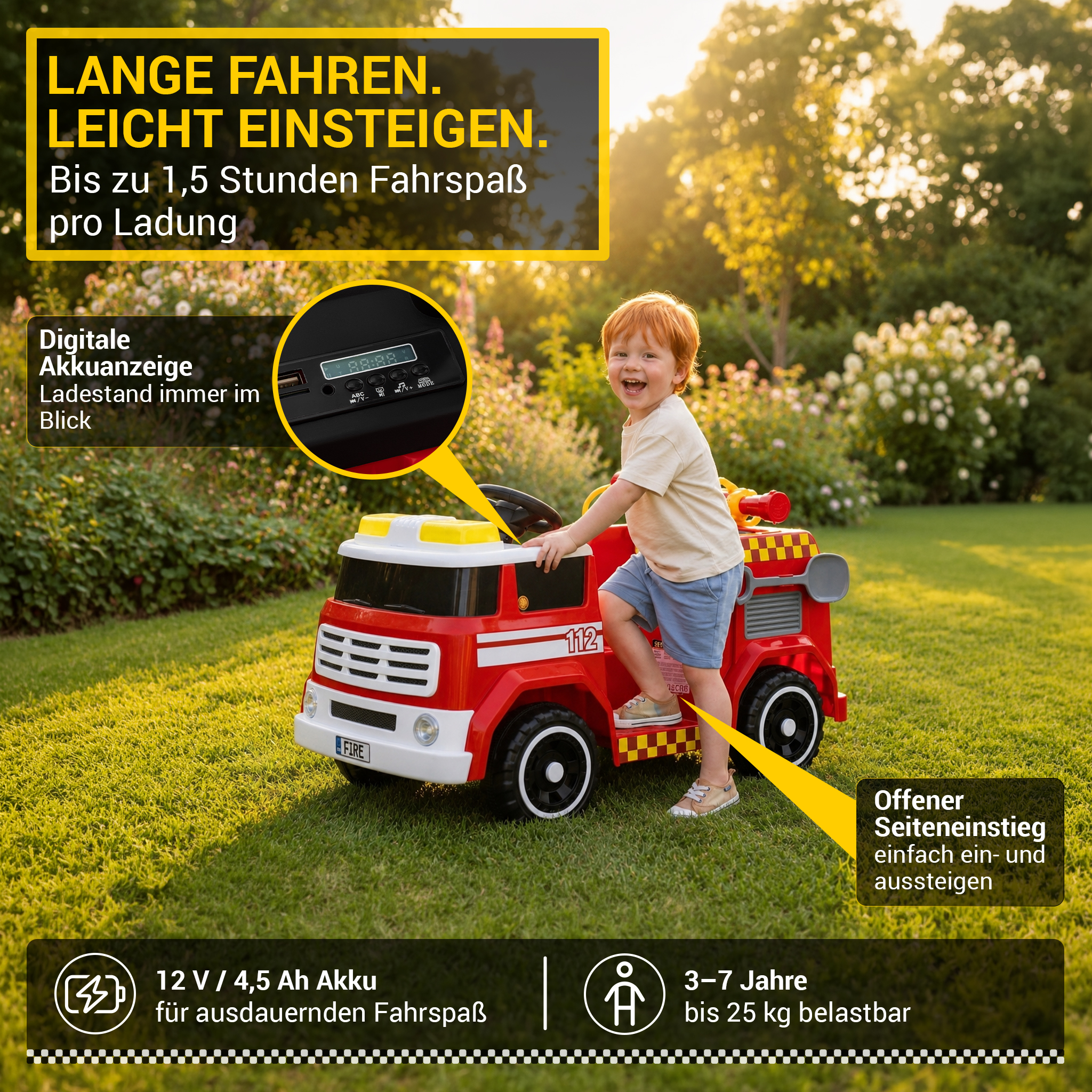 Kinder-Elektro-Feuerwehrauto LF112, Wasserspritze, Sirene, Sprechanlage, Einsatzlicht, 50W, MP3 – Bild 19