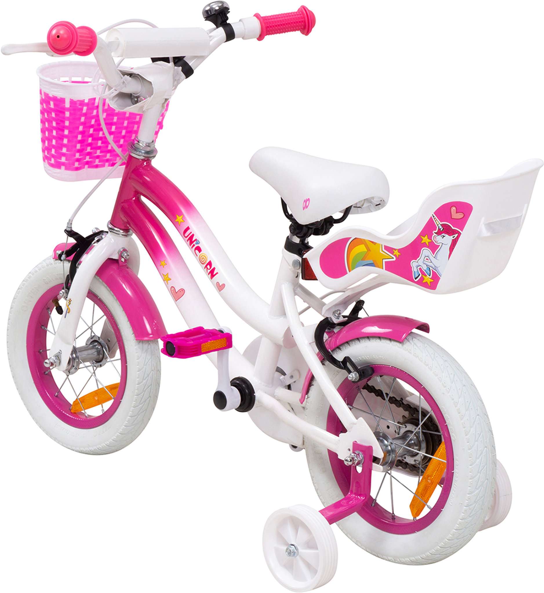 Kinderfahrrad Unicorn 12 Zoll, Pink, Einhorn-Design, Puppensitz, Stützräder, Fahrradkorb – Bild 7